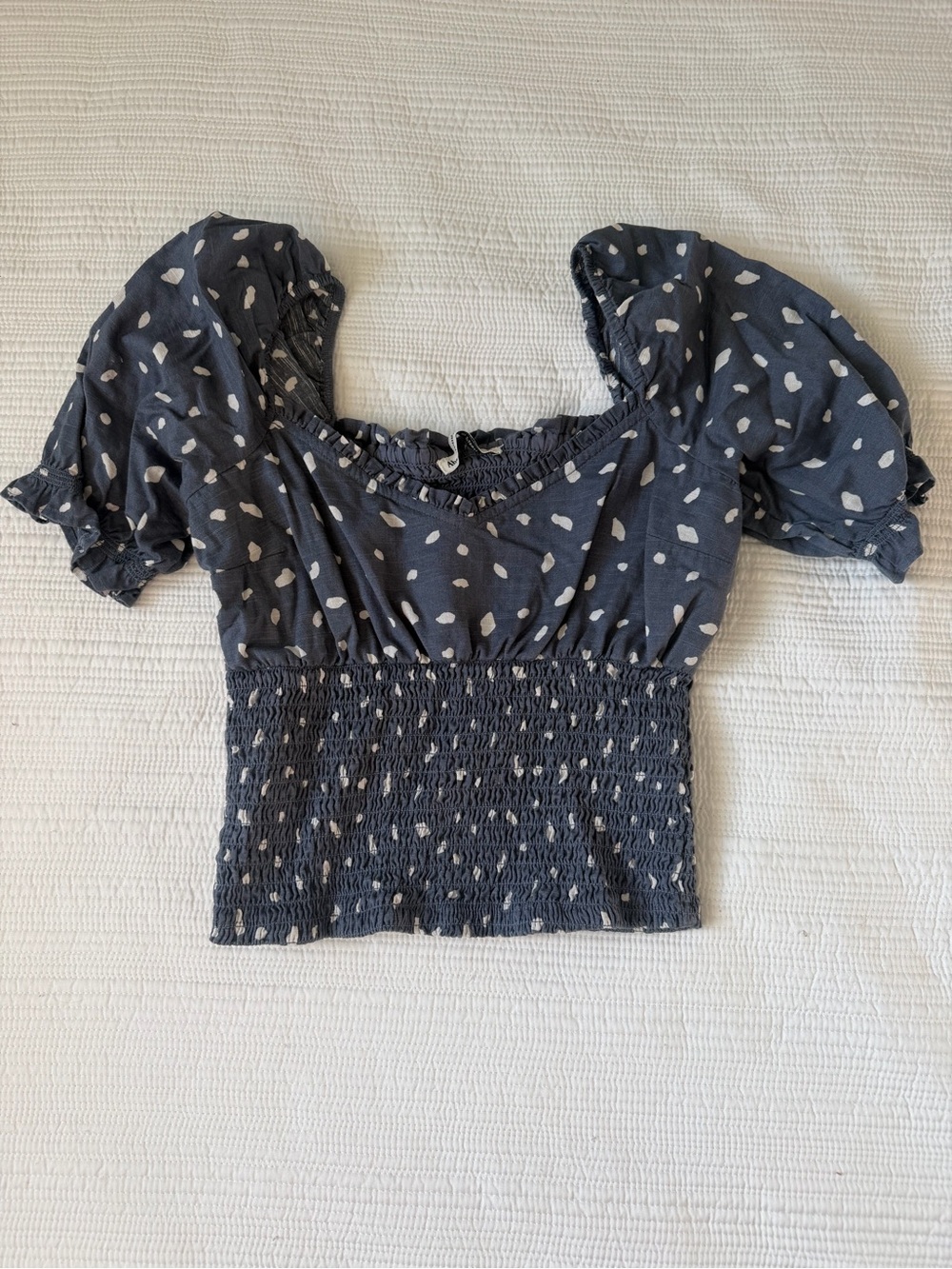 Abercrombie & Fitch Navy Smocked Puff Sleeve Crop Top with White Spot Print